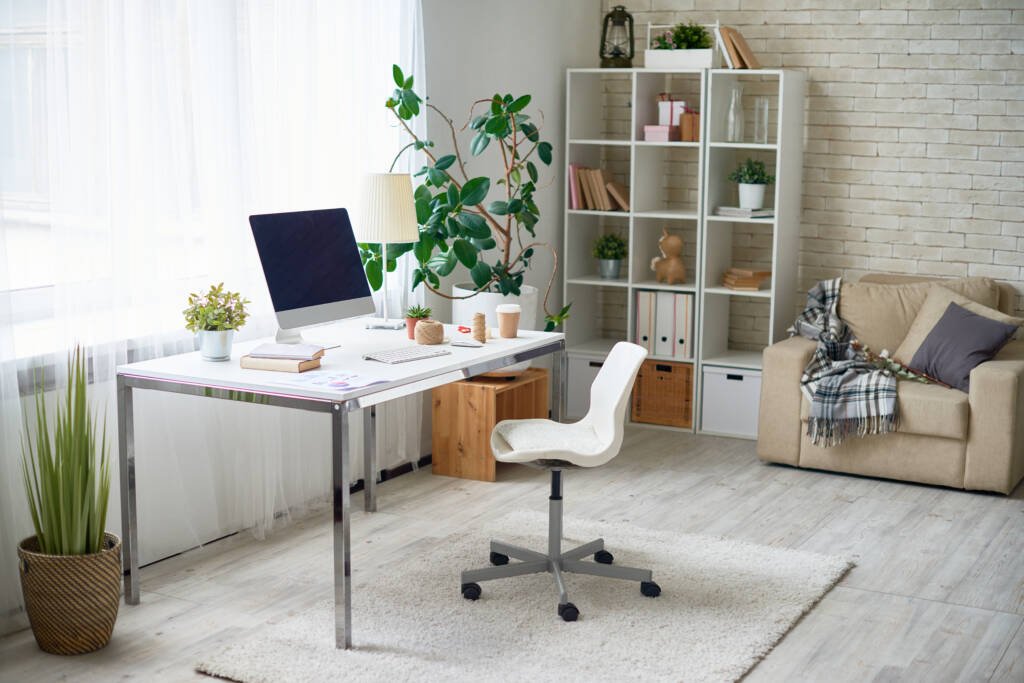 Background image of empty office space in cozy apartment with modern Scandinavian design